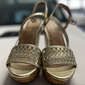 BCBG generation Gold metallic lattice strap wedges
